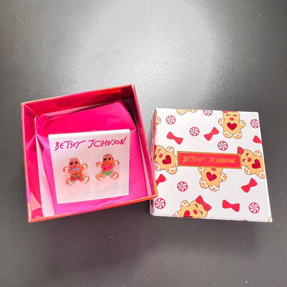 NEW Betsey Johnson Glitter Gingerbread Earrings with Pink and Green Accents